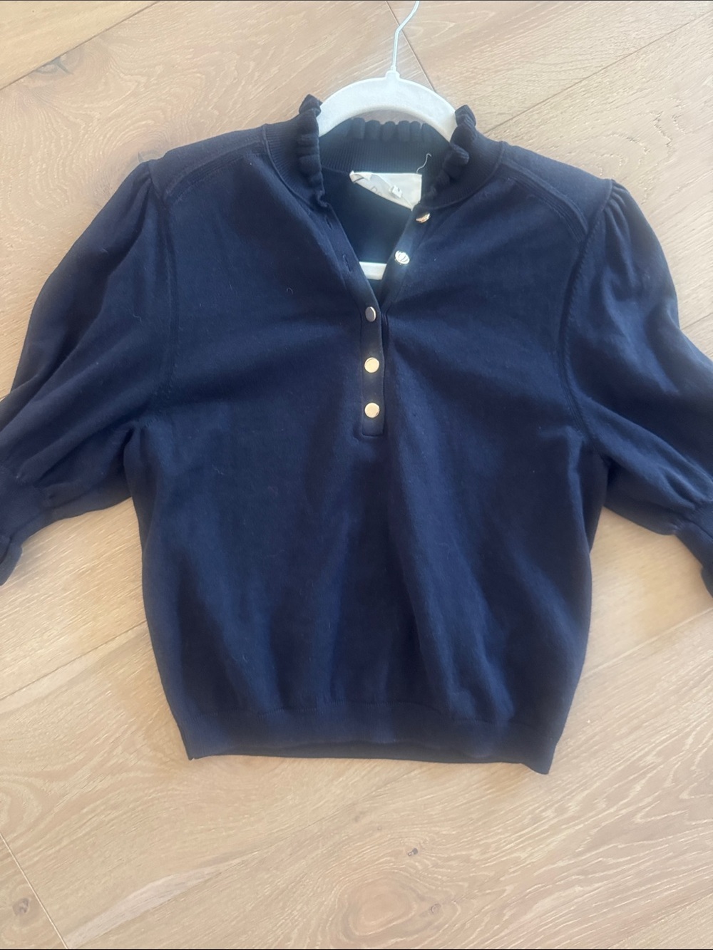 ba&sh SERA Navy Button-Placket Ruffle Sleeve Sweater - Picture 7 of 10